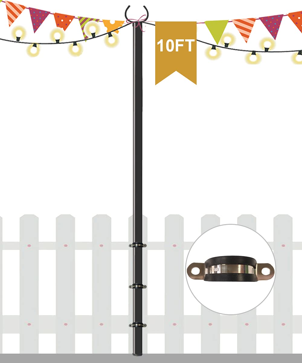 Derkniel 10 Ft Outdoor String Light Pole Stand For Deck Fence Or Patio Railing, Adjustable Globe Patio Light Post For Hanging Outside Decorate Lighting, 1 Pack
