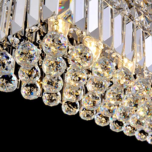 7Pm Modern Rectangle K9 Crystal Chandelier Pendant Light Fixture, Chrome, 31.5X10X10, Ideal For Dining Room & Kitchen Island