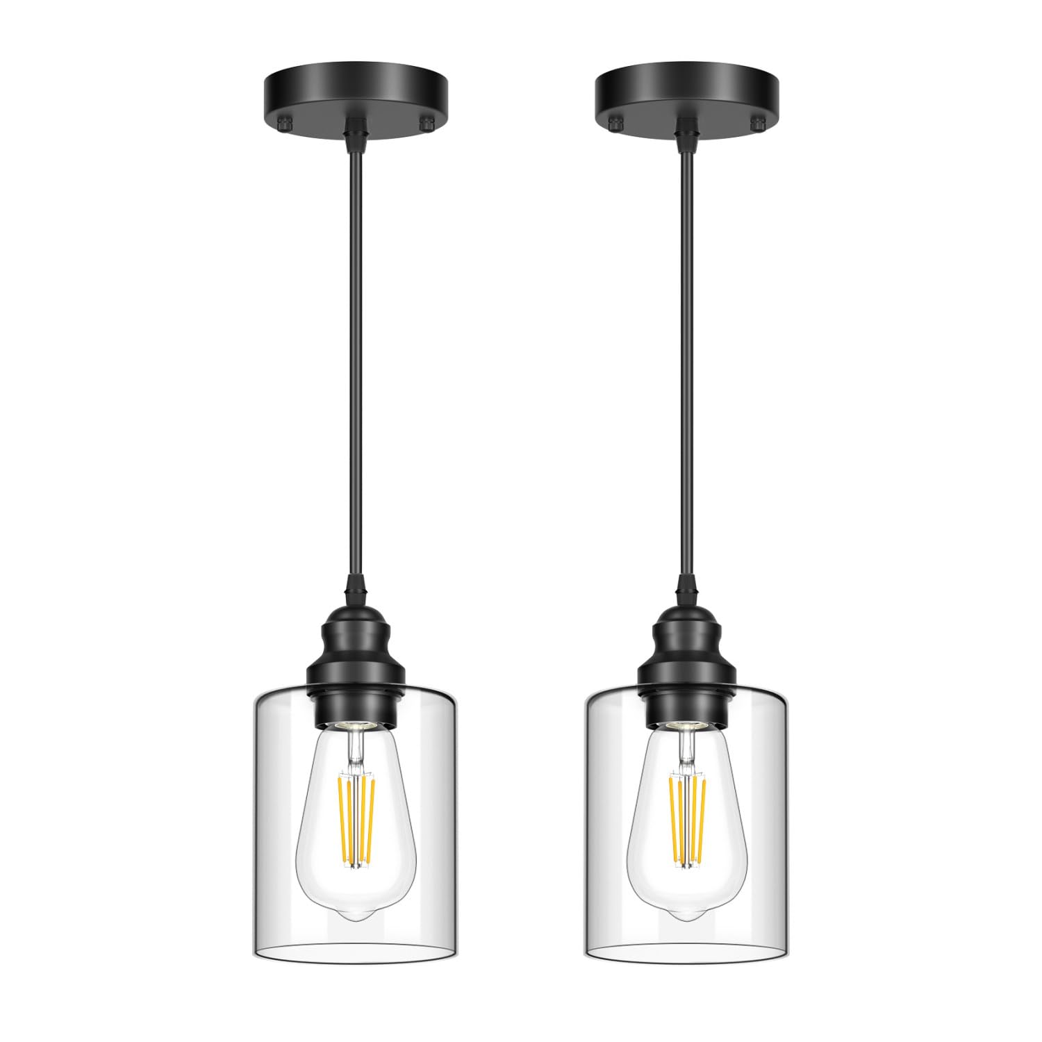 Licperron 2 Pack Black Pendant Lights, Clear Glass Shade, Metal Ceiling Fixture for Kitchen Island, Dining Room, Model 2P-GlassPendant