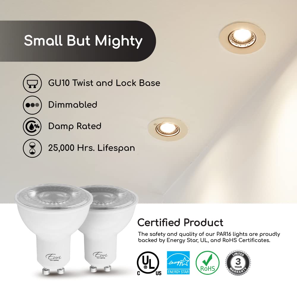 Euri Lighting Ep16-7W5020Eg-2 Dimmable Led Par16, Gu10 Base, 7W (50W Equal) 500Lm, Warm White (2700K), 80Cri, 40 Angle, Damp Rat