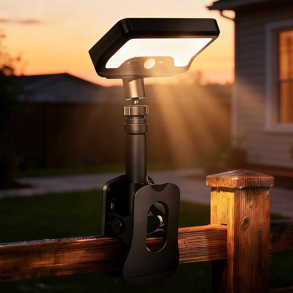Clip On Solar Motion Sensor Light Outdoor, 600LM 3 Modes IP65 Waterproof, Adjustable Angle 1-Second Installation for Fence, Camp