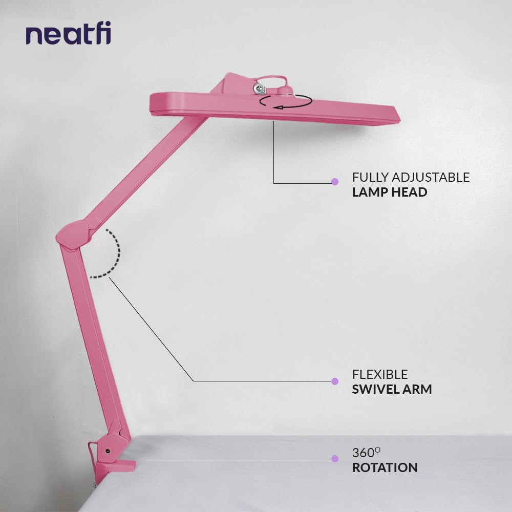 Neatfi LED Task Lamp 30W 2500 Lumens 22 Inch Pink Model 9505LED-30-C Eye-Caring Desk Light with Clamp for Home Office Study