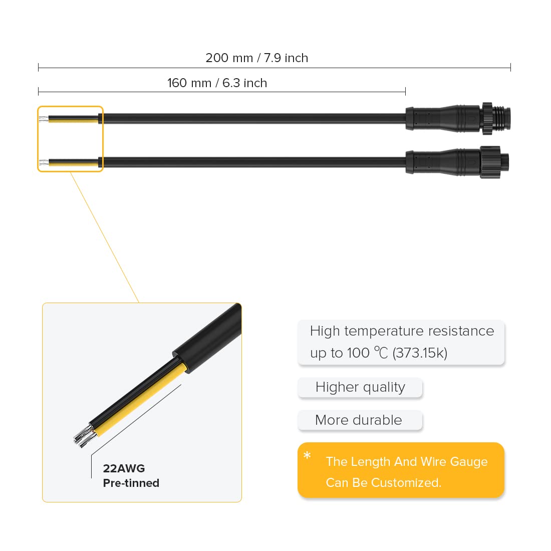 Btf-Lighting 3 Pin Electrical Metal Nut Connector 18Awg Ip68 Male Female Connector 7.87In/20Cm Extension Cable For Car Truck Boat Indoor/Outdoor Led Strip Lights/String 15Mm Metal Nut Small Size