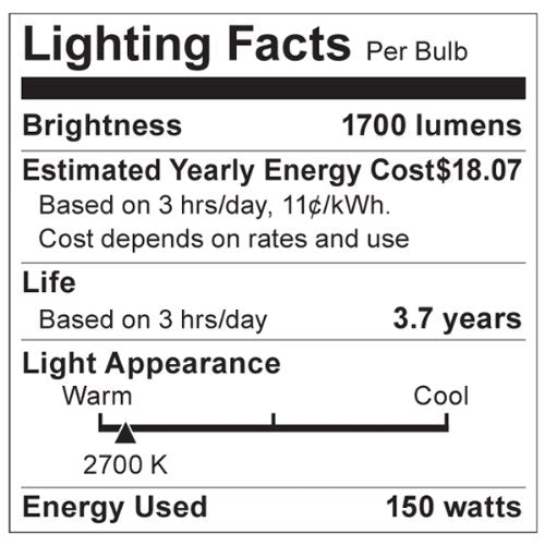 Satco G40 Medium Base Light Bulb, 150W, Clear Glass, 120V, Model S3014, 5 x 5 x 6.8 Inch