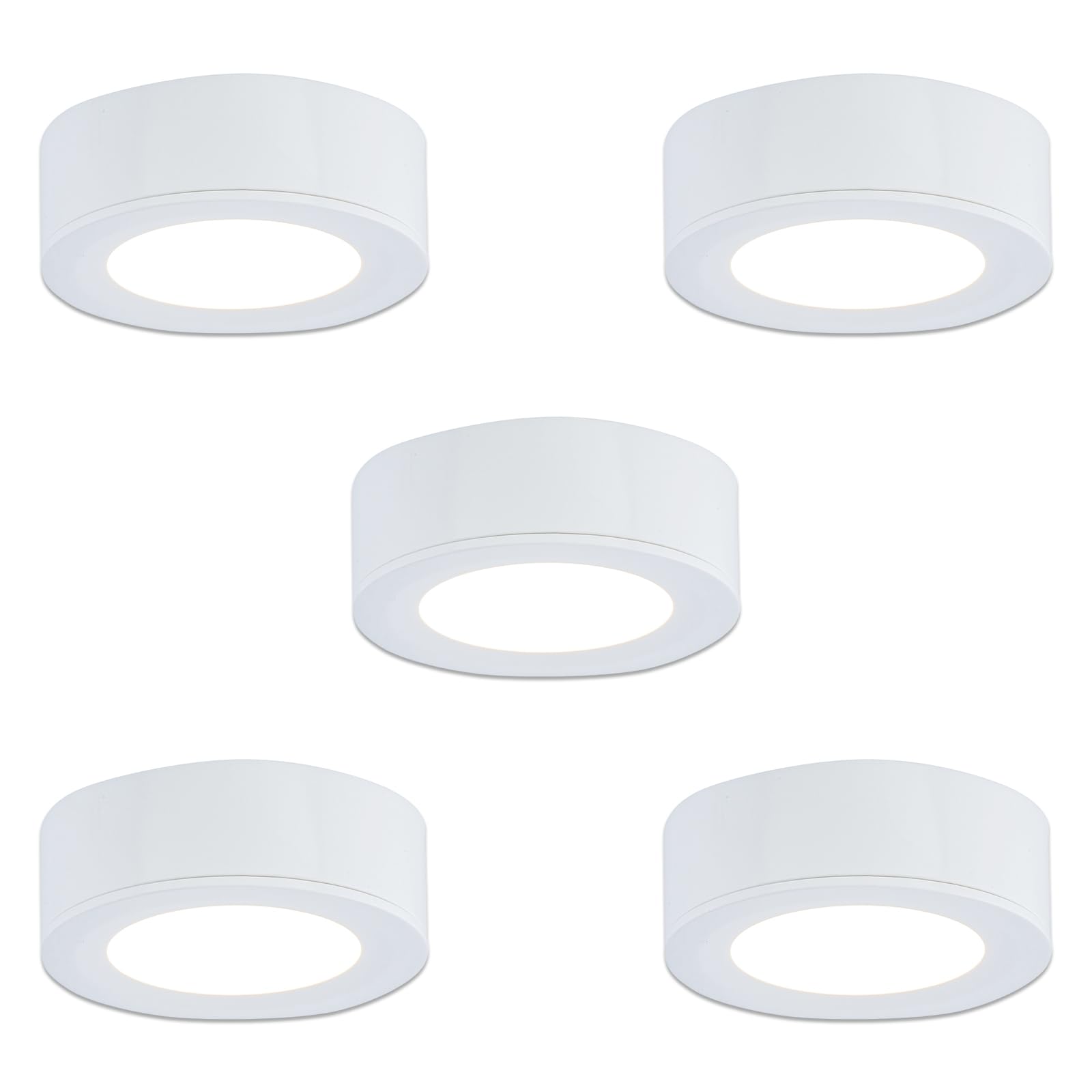LUMILAND Wired LED Puck Lights - Warm White (3000K), Surface/Recess Mount, Polycarbonate, White, Model GD1102-05, 5 Pack