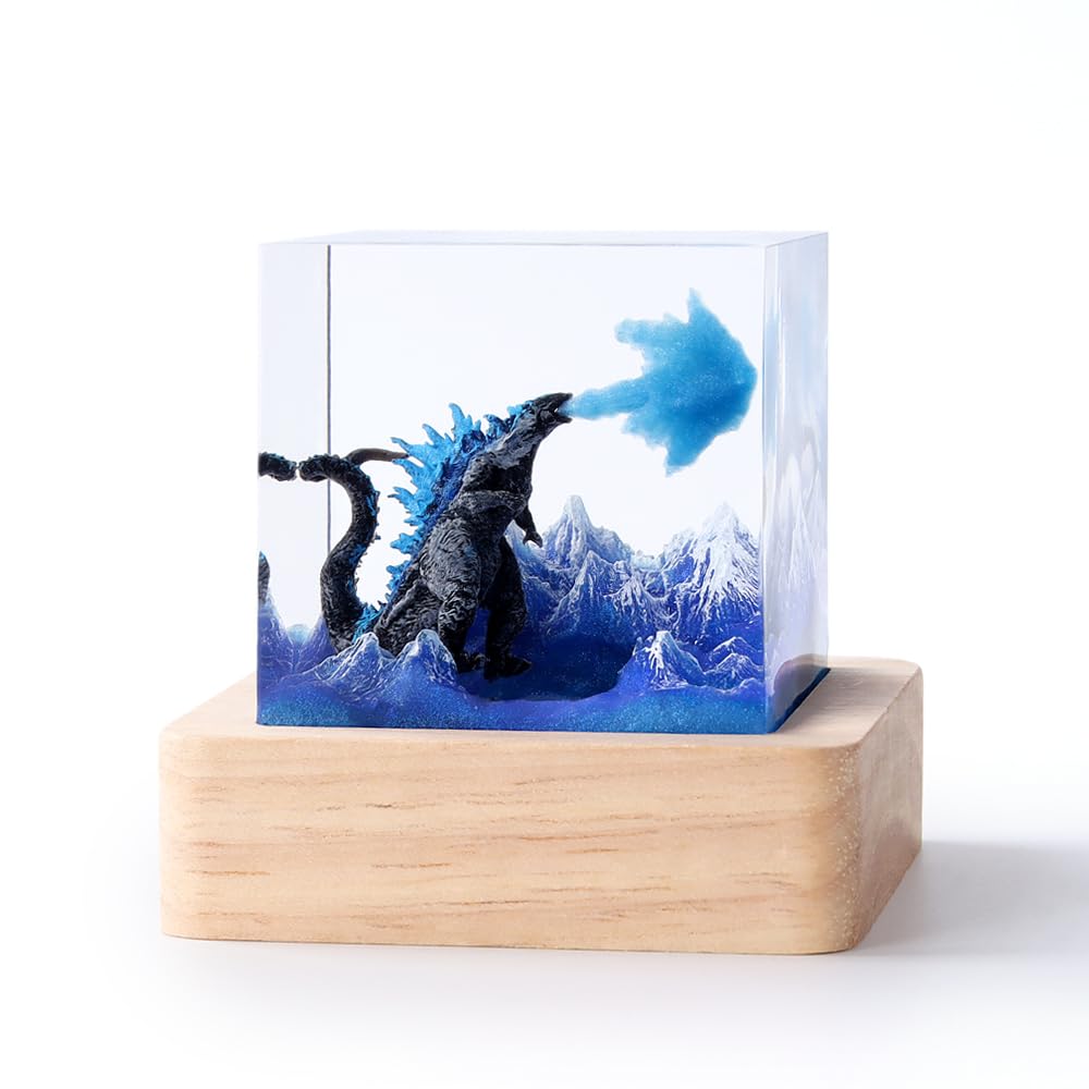 Aswdbbn Handmade Go.dzi.lla Resin Lamp with Wooden Base  USB LED Light - 3D Fire-Breathing Monster Night Light for Bedroom  Desk  or Office Decor  Unique Collectible Gift for Fans & For Mature Userss