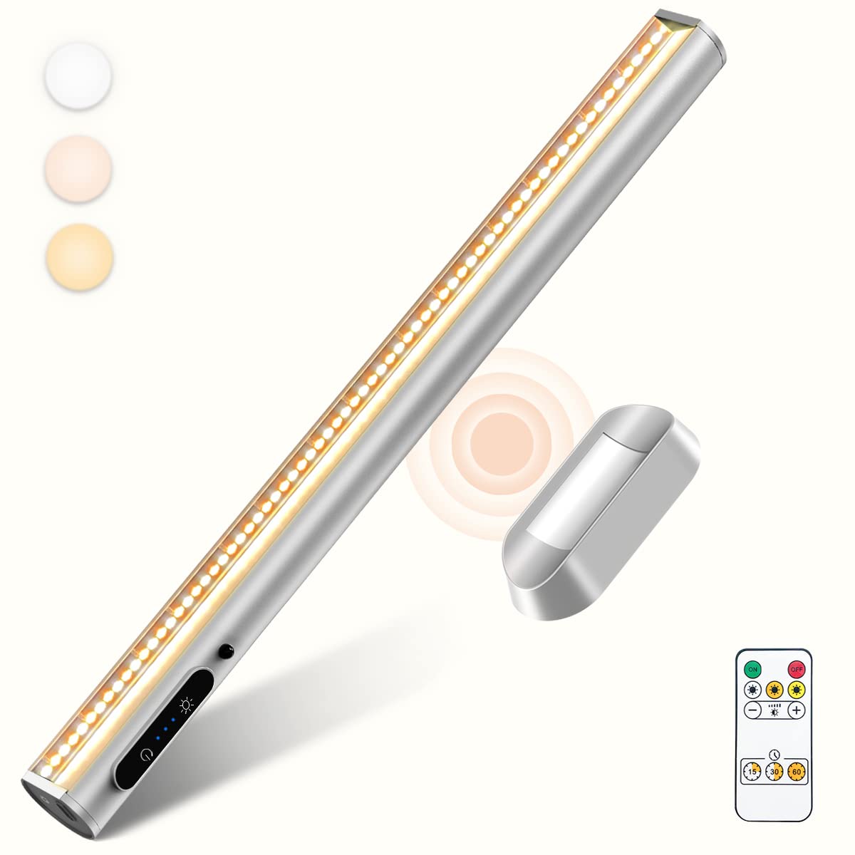 bravzurg Rechargeable Magnetic LED Light Bar with Remote, Dimmable, Battery Powered, Silver, Model YZYK350-SR04, Under Cabinet Lighting