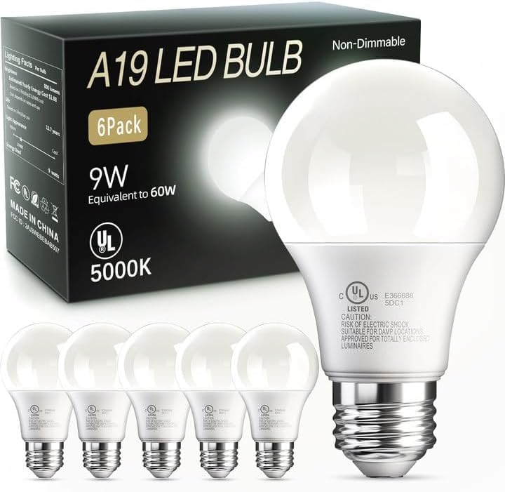 Tjoy 6 Pack A19 Led Light Bulbs 60 Watt Equivalent, Daylight White 5000K, Efficient 9W, E26 Standard Base, Non Dimmable Energy S