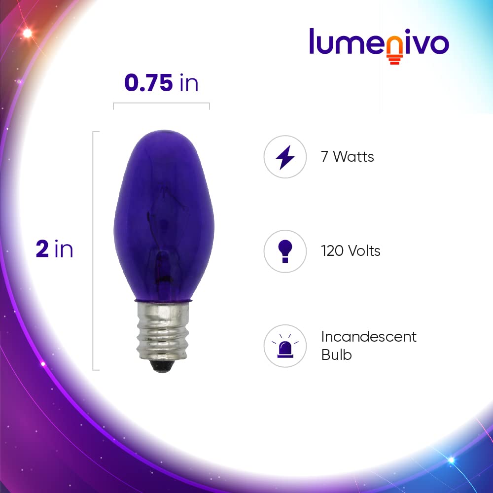 lumenivo C7 Purple Night Light Bulb - 7W Incandescent, 25 Count, Candelabra Base, Decorative Light for Christmas Village