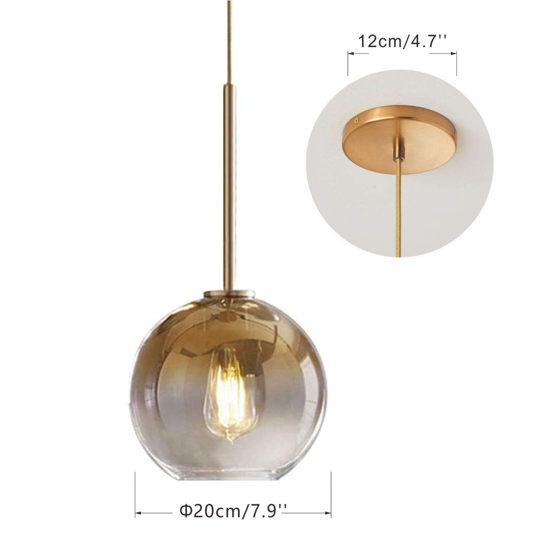 KCO Modern Gold Glass Pendant Light Fixture, 20cm Metal Globe Shade, 1-Light Chandelier for Kitchen Island & Hallway, Model L1072