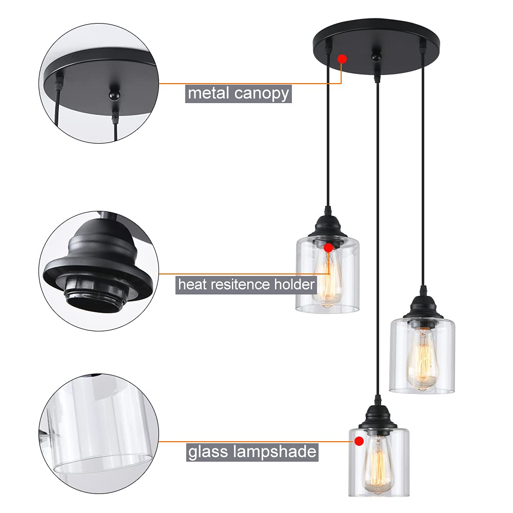 SINMILA Industrial Pendant Light - 3-Lights Matte Black Glass Shade, Adjustable Retro Fixture for Kitchen and Farmhouse