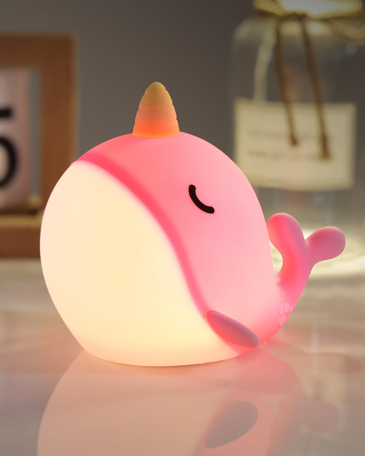 Fuloon Narwhal Night Light With Whale Shape  Squishy Silicone Kids Lamp  Safe & Soothing Touch Control For Kids And Babies  Usb-C Rechargeable  30-Min Auto Timer  Gift Idea (Pink)
