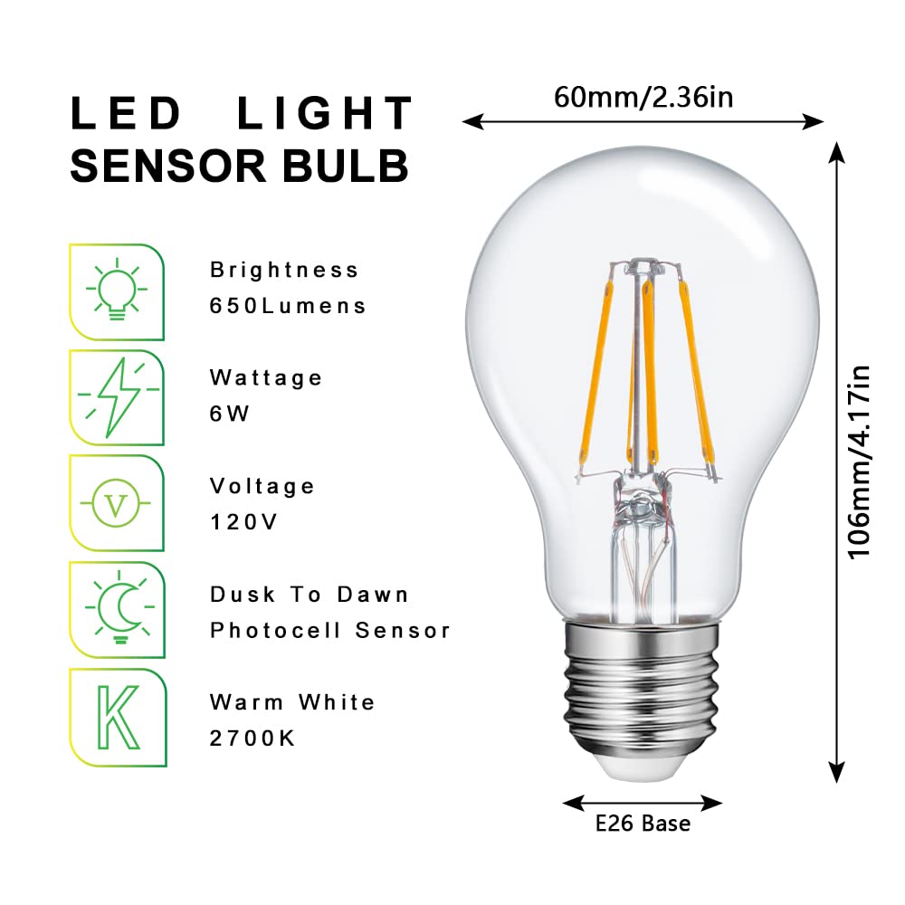 Faguangao A19 Led Dusk To Dawn Bulbs, 6W 60W Equivalent, 2700K Warm