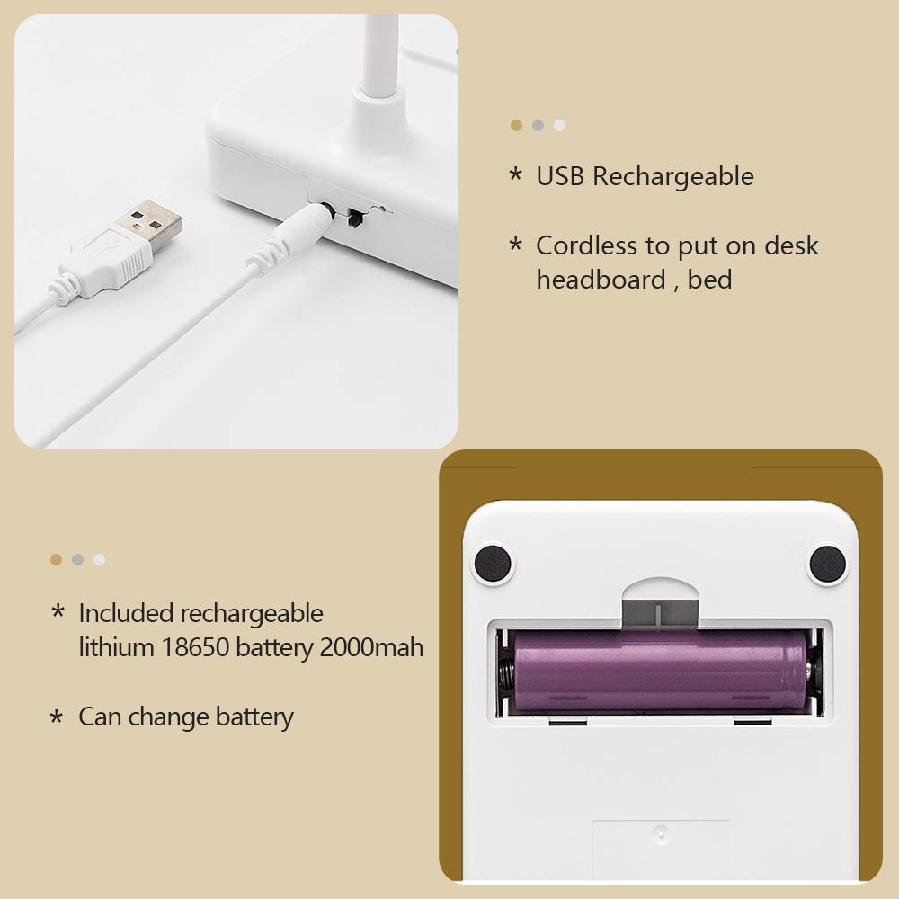MAYTHANK Cordless Desk Lamp Rechargeable Battery 2200m, Touch 3 LED Modes, Gooseneck, ABS White, Model MTDL01-W, 17.7in