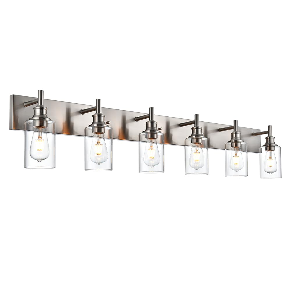 Wanluce Brushed Nickel 6 Light Fixtures For Bathroom Vanity Lights Industrial Modern Farmhouse Wall Lighting With Clear Glass Sh