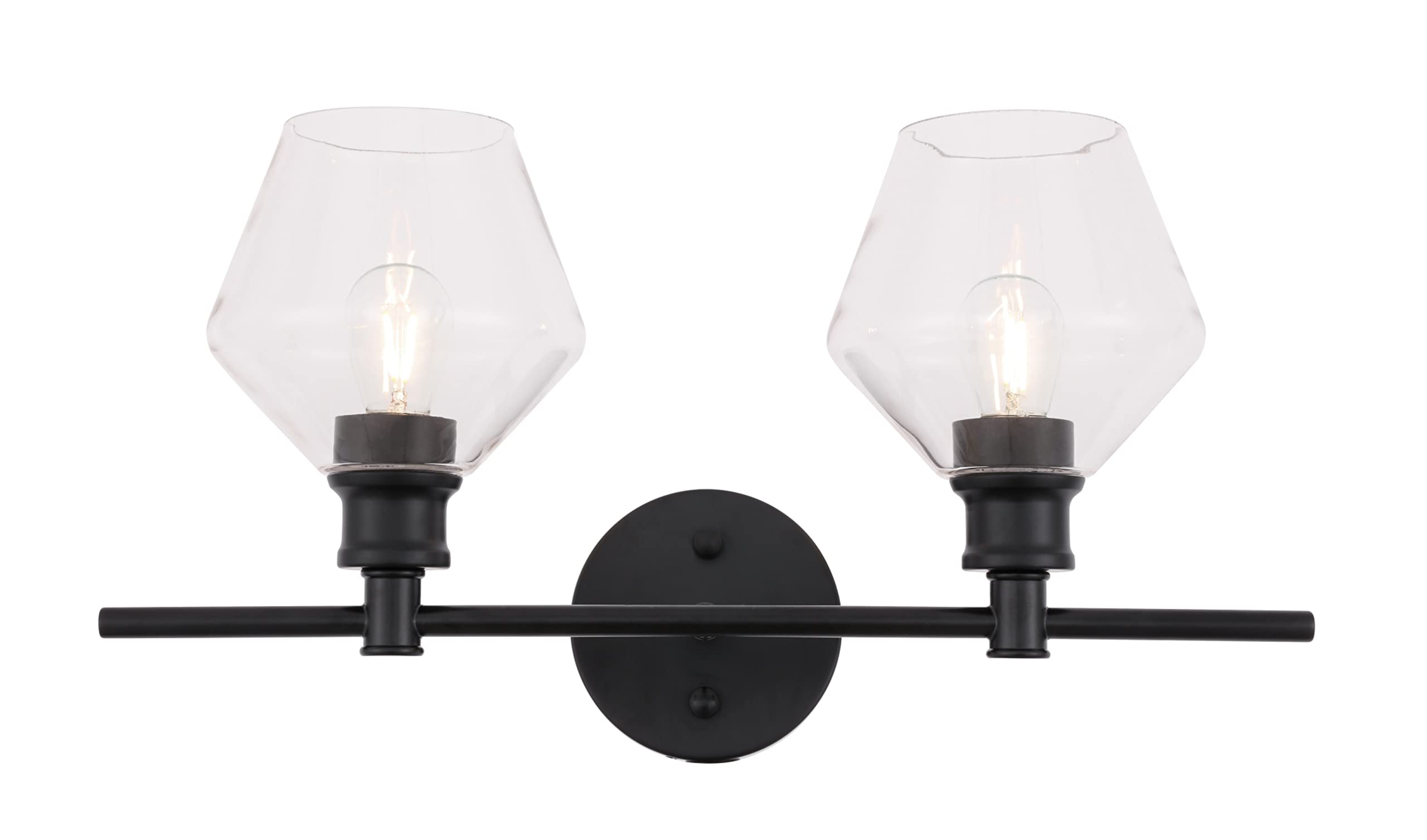 Living District Gene Industrial Mid-Century Modern 2 Light Entryway and Bathroom Wall Sconce in Black and Clear Glass