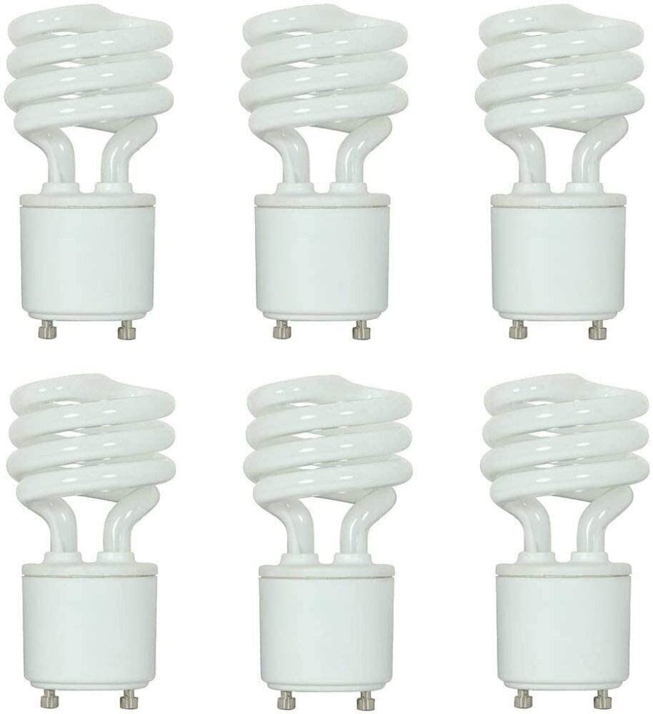 Satco Mini Spiral Compact Fluorescent Bulb, 13 Watt, 2700K, Bi Pin GU24 Base, 800 Lumens, Warm White, Pack of 6