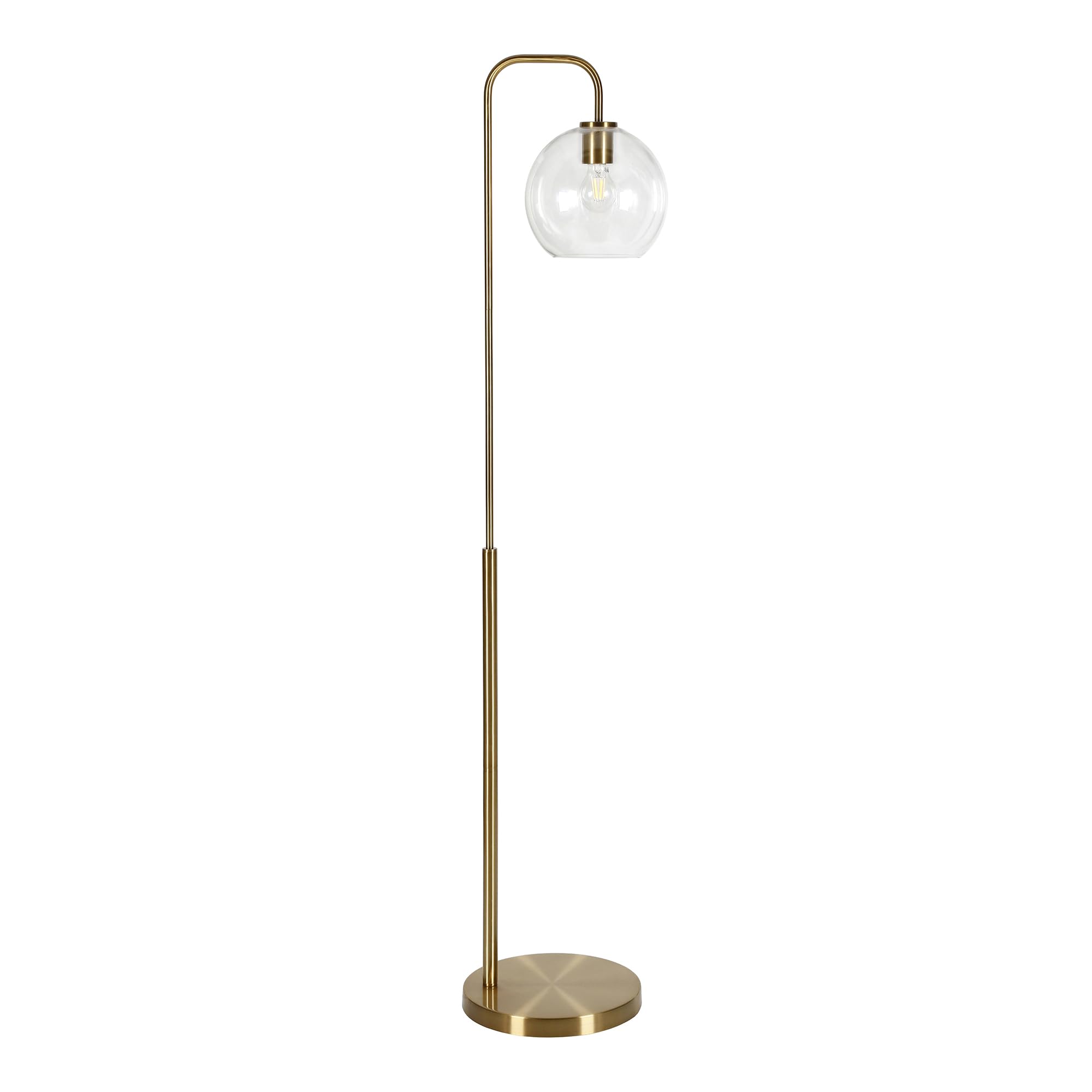 Henn&Hart Harrison Arc Floor Lamp, 62in Tall, Brass/Clear, Model FL0294
