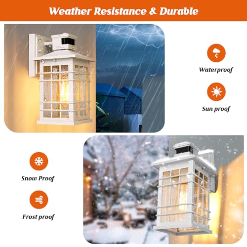 Motion Sensor Outside Wall Lantern Waterproof  White Dusk Dawn Outdoor Lighting Wall Mount With Tempered Glass  Modern Anti-Rust Motion Porch Light Fixture For Hallway Entryway Doorway