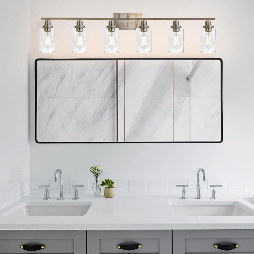 MELUCEE 6-Light Bathroom Vanity Light Fixtures Brushed Nickel Modern Wall Light with Glass Shade