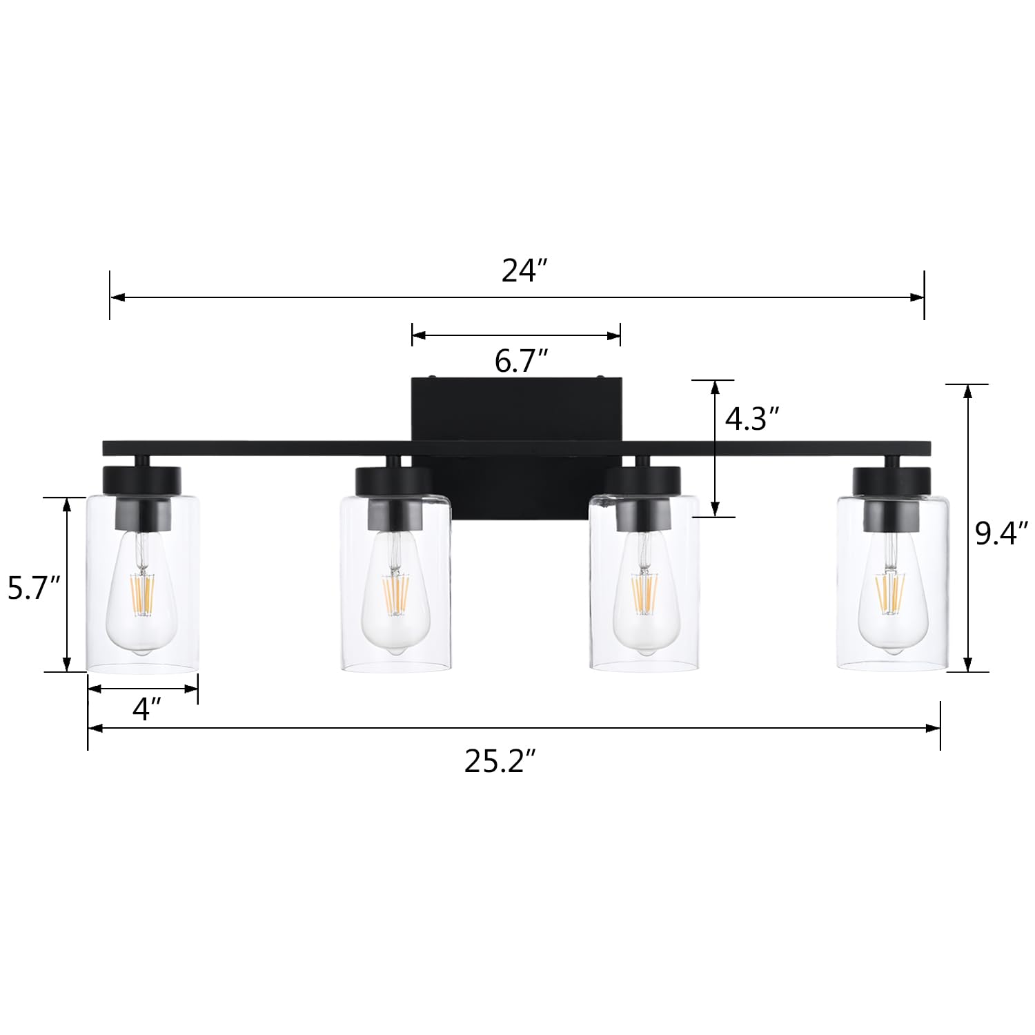 A1A9 4 Light Bathroom Vanity Light Fixtures, Matte Black, Clear Glass Shade, Model NF-22405BK