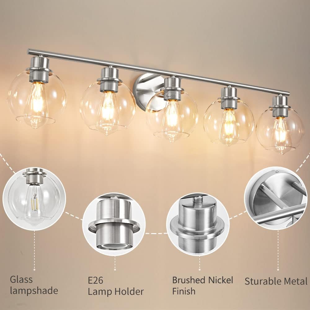 Lanmate Bathroom Light Fixtures Over Mirror 5-Lights Bathroom Vanity Light With Clear Globe Glass Shade 37.4 Inch Modern Brushed