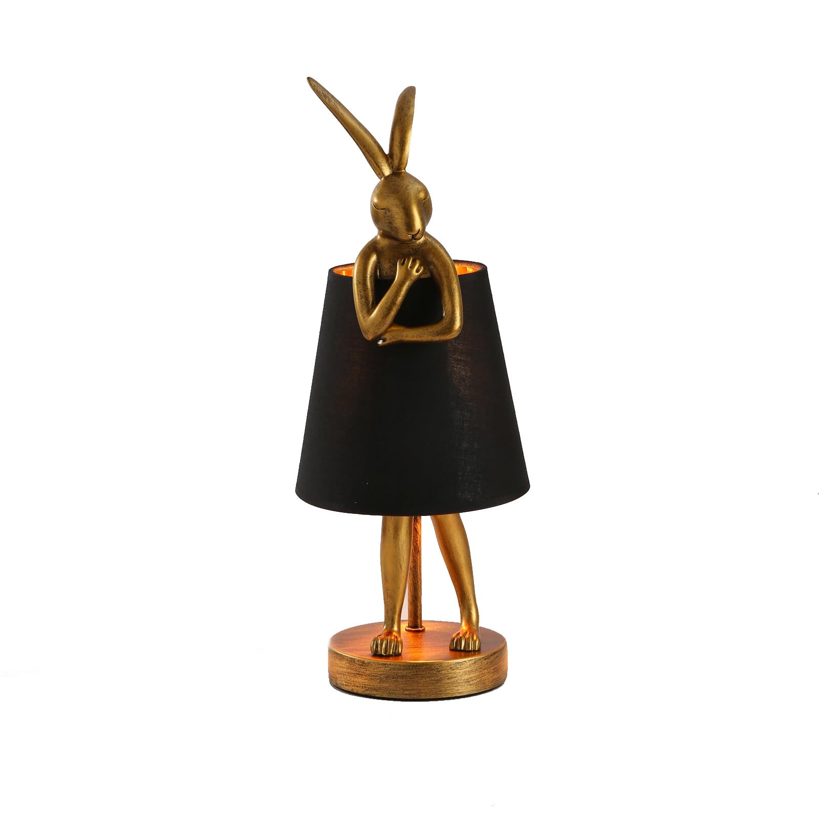 NorDiem Cute Rabbit Animal Table Lamp, Creative Gold Resin Apron LED Desk Light,White/Black Linen Shade,15.7'', Home Decor Eye P