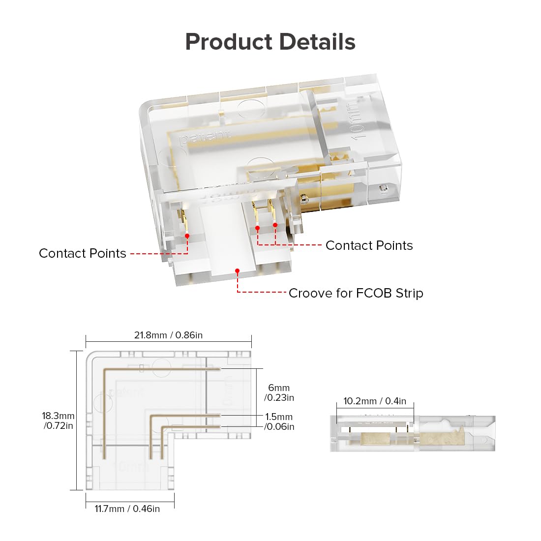 Fcob Cob 10Mm/0.39In Width Led Strip Connector Kit 6Pcs 3 Pin Transparent Gapless L-Shaped Connectors 10Mm Pwm Cct +V C W Led St