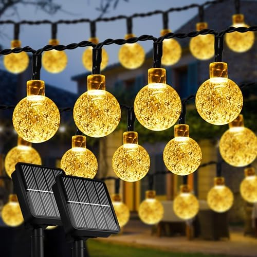 Flechllary 2-Pack Solar String Lights, 100 LED Warm White Crystal Globe, 46FT, 8 Modes, Waterproof for Outdoor Garden Party Decorations