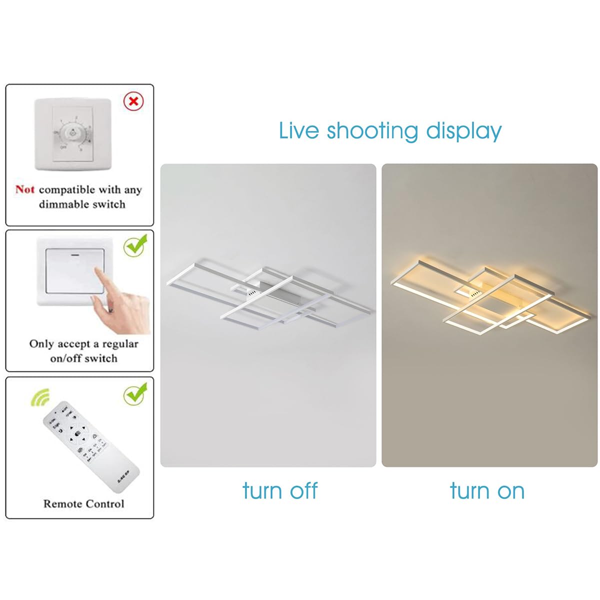 Geadi Dimmable Ceiling Light, 41.3In Flush Mount Ceiling Lamp Remote Control Modern Chandelier, 68W Square White Acrylic Close T