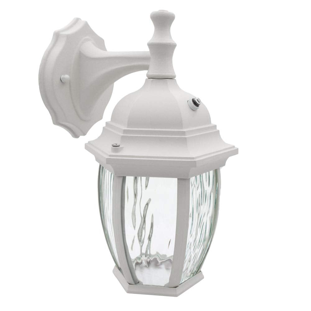 Maxxima Led Outdoor Wall Light, 3000K Warm White, Dusk To Dawn Sensor, White, Model Mel-6150Ww, Clear Water Glass, 580 Lumens