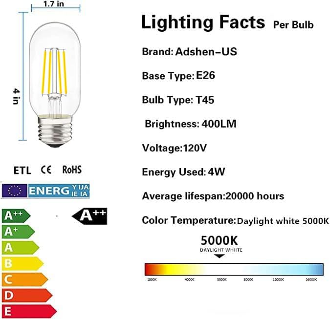 Livemax Led Tubular Bulb 4W Daylight White 5000K E26 Clear Edison Bulb,40W Equivalent 400 Lumens, Antique Edison Style Led Filam