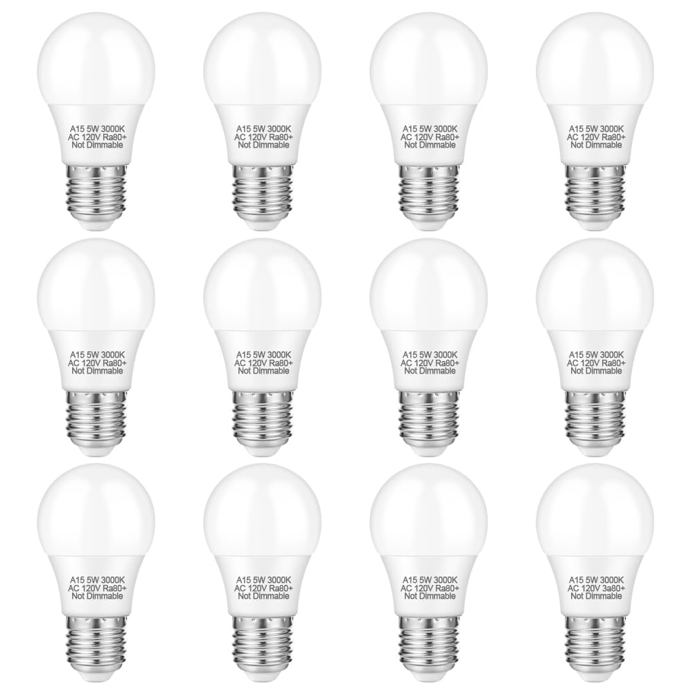 Neteha 12 Pack A15 5W 120V E26 Base Led Refrigerator Light Bulb, Non-Dimmable 50W Equivalent 3000K Warm White Led Appliance Ligh