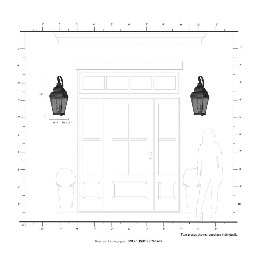 Livex Lighting Exeter 3-Light Outdoor Wall Lantern, Handcrafted Solid Brass, 10inW x 28inH, Bronze, Model 2605-07