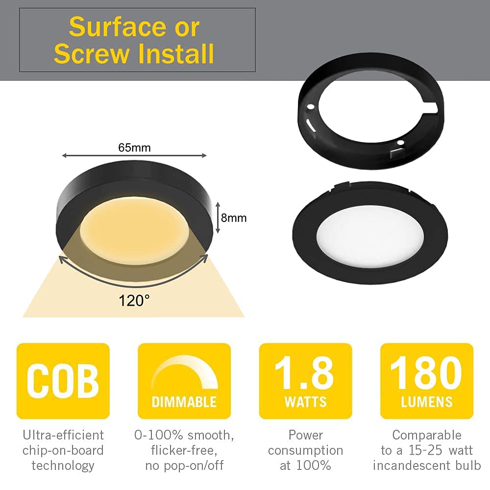 VST Under Cabinet Lighting 12V 2W Puck Light, Wireless Dimmer, Black 6 Pack, 4000K, Recessed or Surface Mount, Model 026