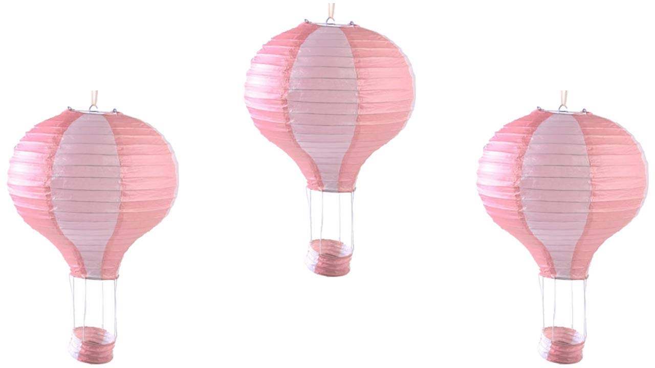 Matissa Pack of 3 Stripy Hot Air Balloon Lanterns, Baby Pink, 14in (35CM), Metal Wedding Party Decoration