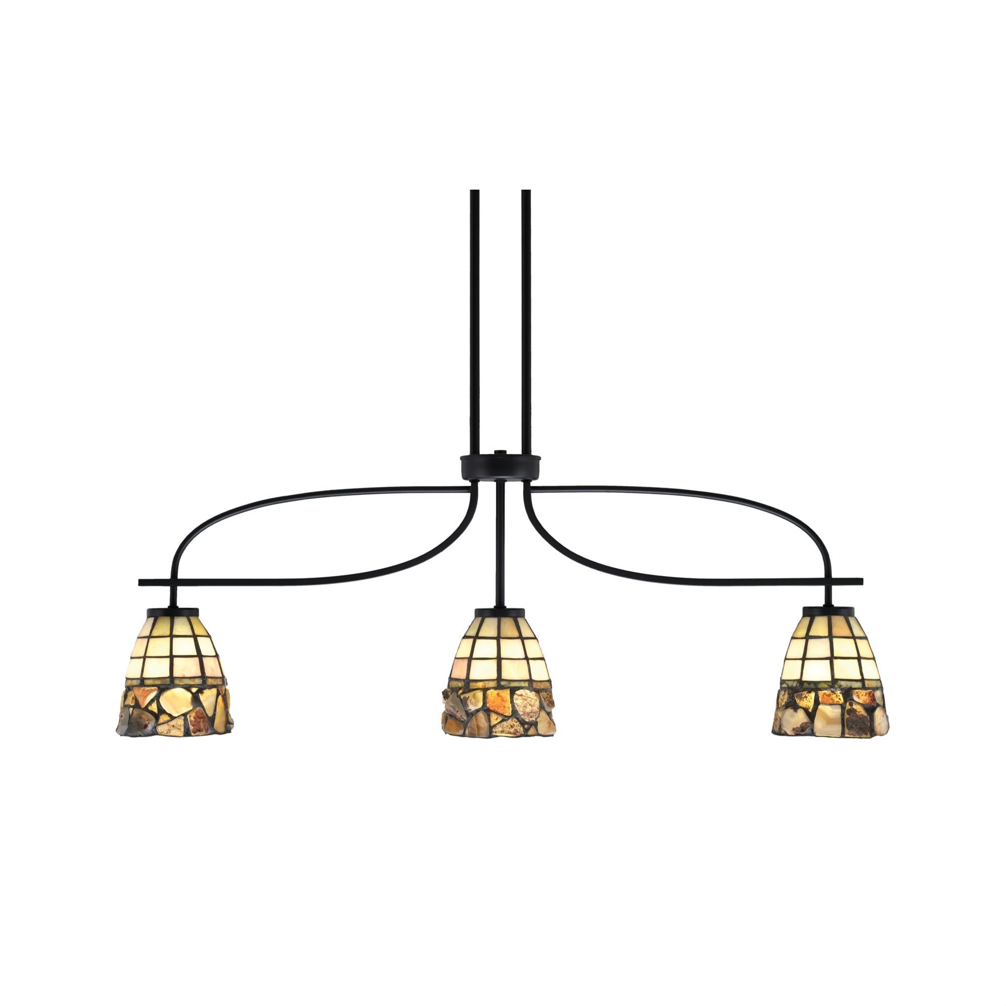 Cavella 3 Light Island Light Shown in Matte Black Finish with 7&quot; Cobblestone Art Glass