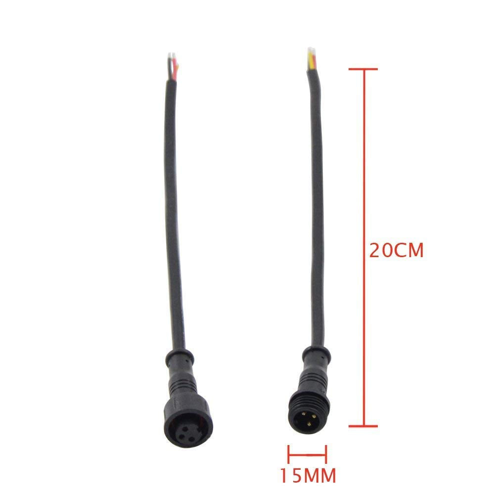 WESIRI 5Pairs 3 Core 3pin Black Pigtail Plastics Waterproof IP65 LED Connector Male Female 40cm/Pair Applicable 0.3mm 15mm Nut f