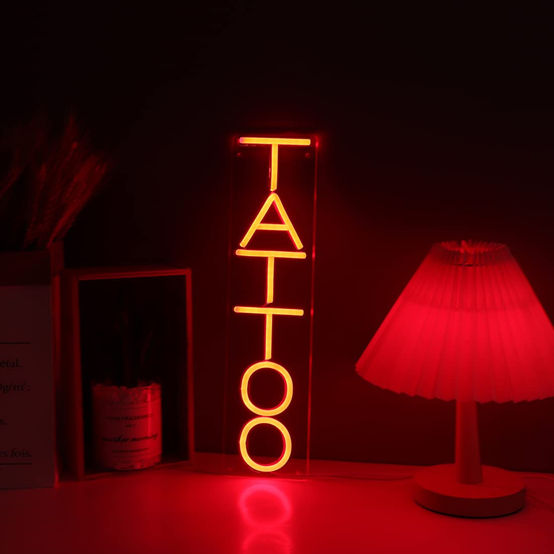 Britrio Neon Tattoo Sign Light - LED Wall Art Decor for Salon, 15.75x4.17 inches, Vertical Red, USB Powered