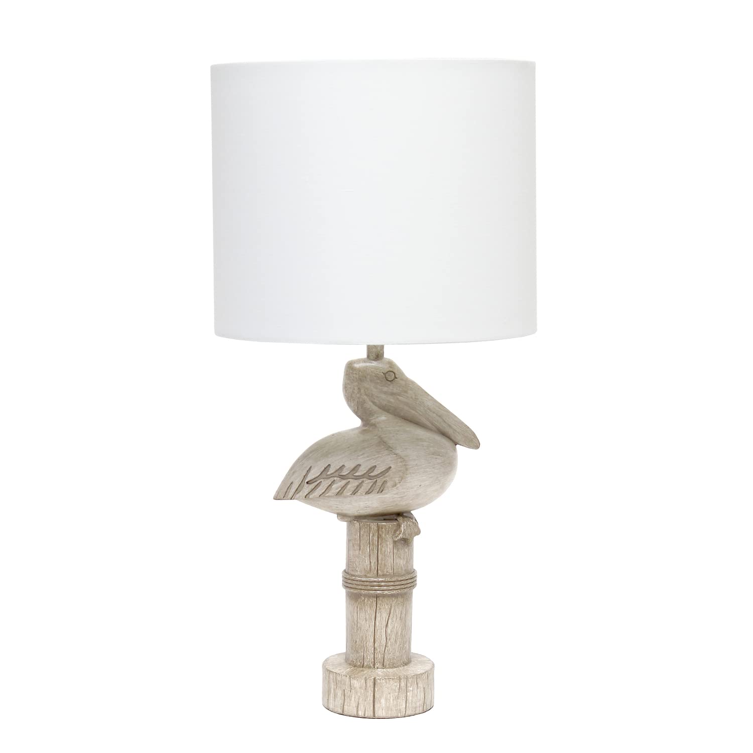 Simple Designs Lt1091-Pel Shoreside 17.25&quot; Tall Coastal Sitting Pelican Beige Wash Polyresin Bedside Table Desk Lamp W White Fabric Drum Shade For Décor, Accent, Beach, Seaside, Living Room, Bedroom