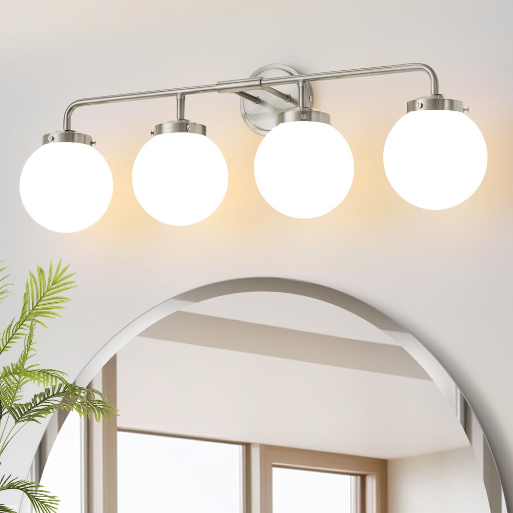 Deyidn Bathroom Light Fixtures Over Mirror, Brushed Nickel Modern Vanity Lighting With Milk White Glass Globe Shades 4-Light Far