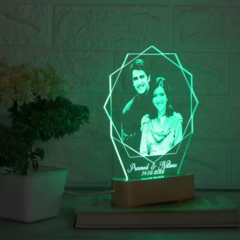 Artistic Gifts Acrylic Personalized Hexagon Shape 3D Illusion Photo Lamp For Couples| Photo Frame With Customized Photo, Name An