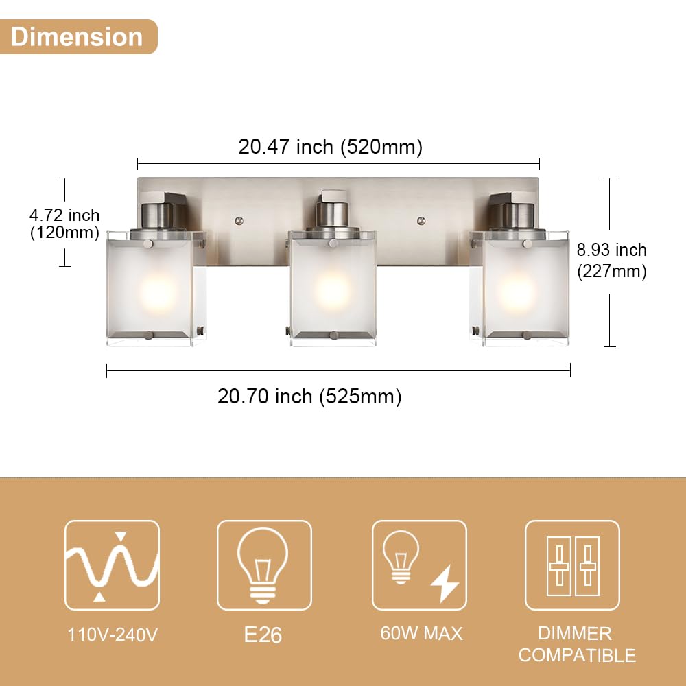 WINSHEN Modern 3-Lights Brushed Nickel Vanity Light Fixture with Frosted Glass Shades, Metal, Model 3WSN-XOTFZO