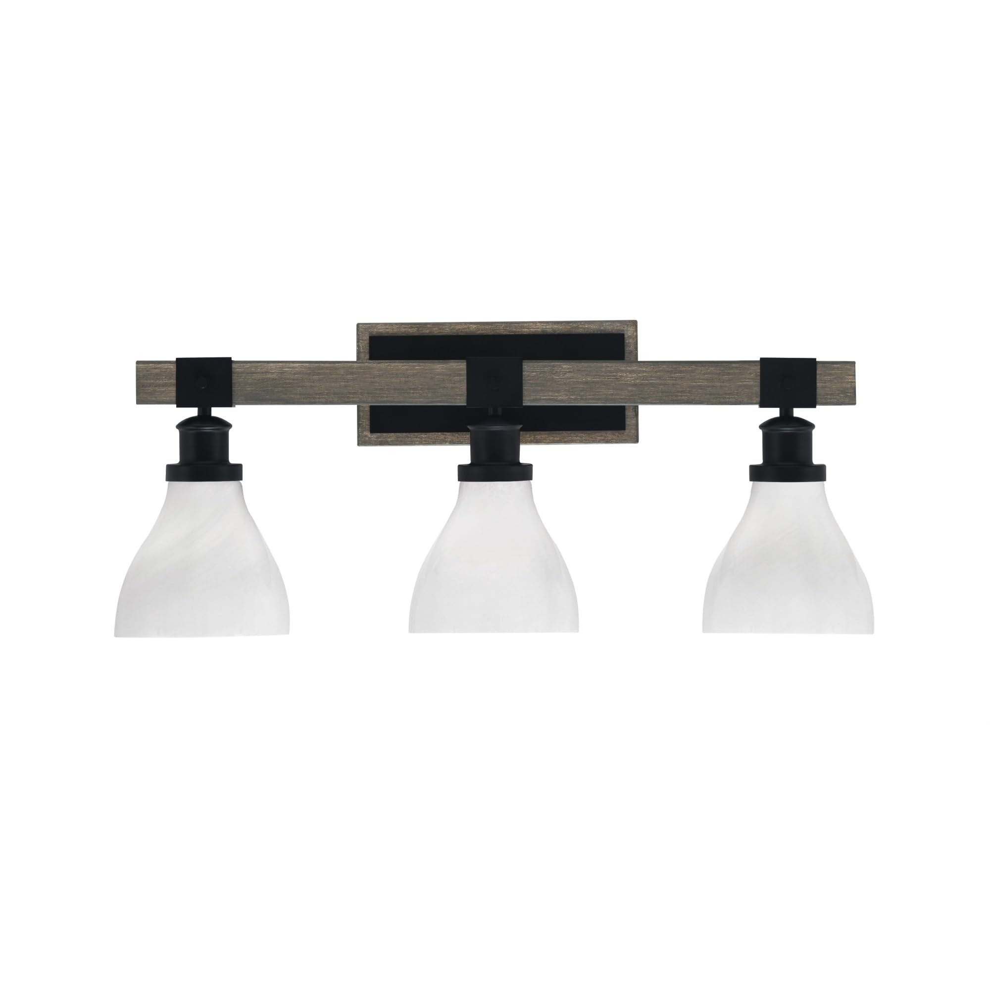 Toltec Lighting Tacoma 3 Light Bath Bar, Matte Black, Distressed Wood-Look, 6.25in White Marble Glass