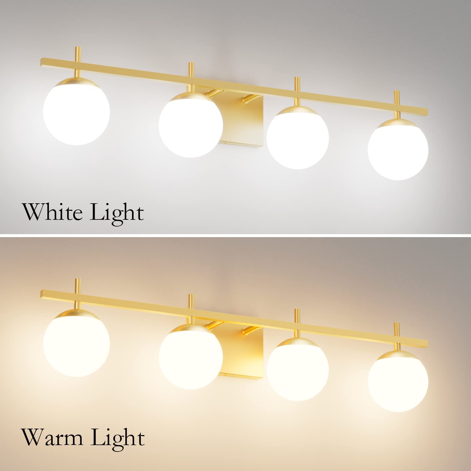 Ralbay 4-Light Gold Bathroom Vanity Lights, Modern Milky Glass, Metal Fixtures Over Mirror, Model 1100