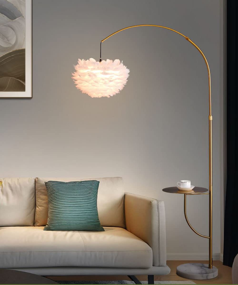Surpars House White Feather Floor Lamp with Table, Adjustable Height, Gold Finish, Model S0200028