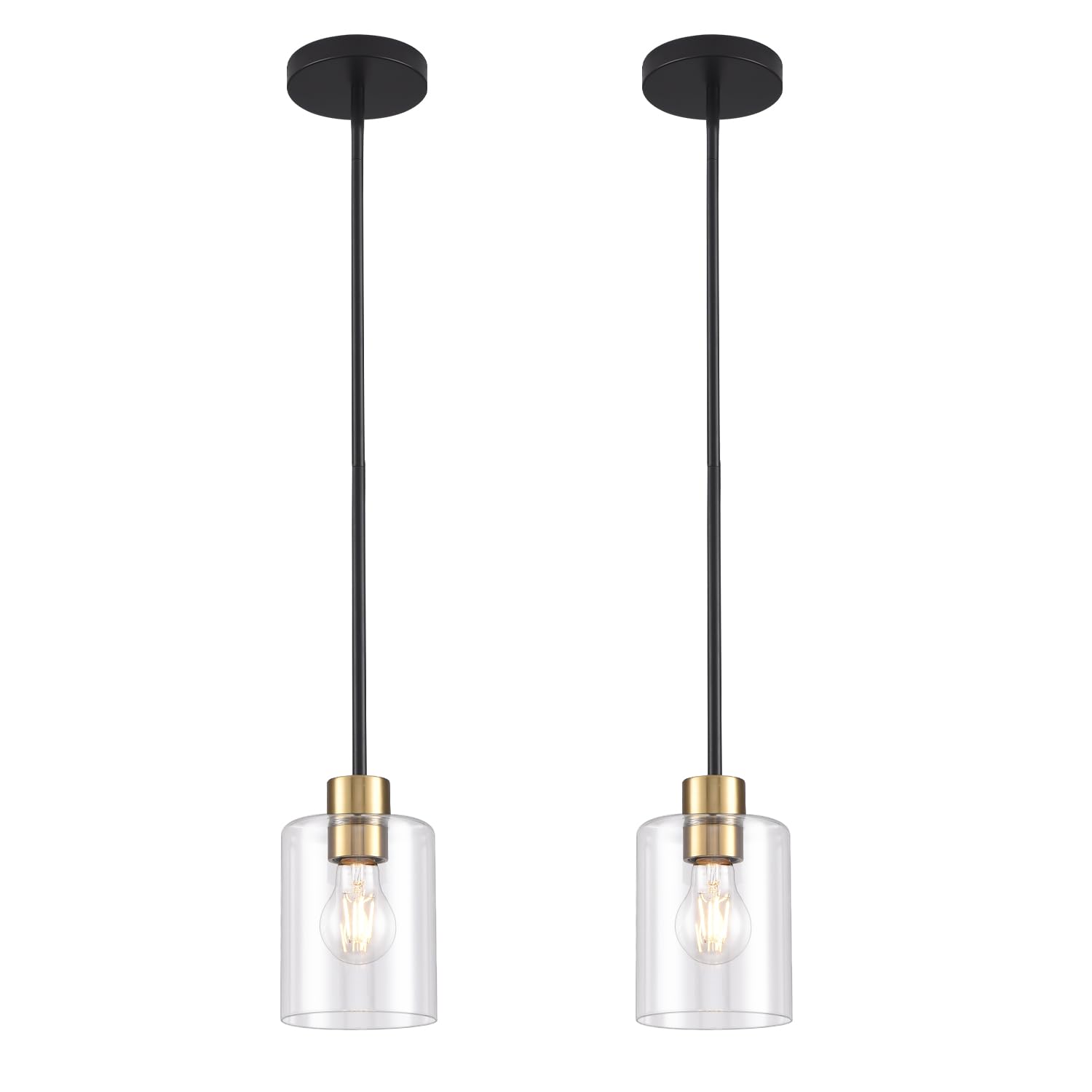 KLSS Black Brass Pendant Lights - Clear Glass Fixture, 3 Units 12in & 4in Rods, Model HJBLDD2P001