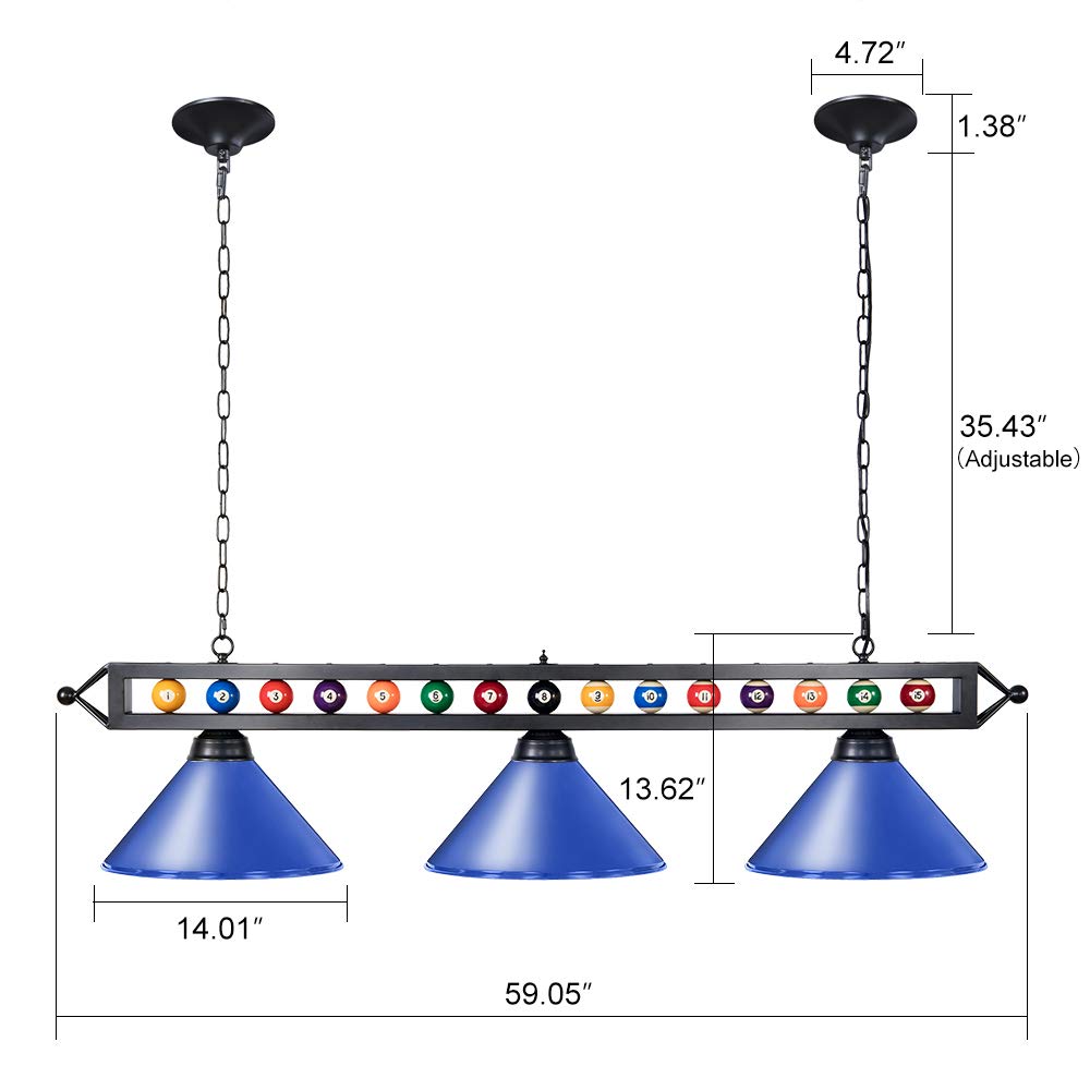 Wellmet 59'' Hanging Pool Table Light Fixture For Game Room Beer Party, Ball Design Metal Billiards Light With 3 Lamp Shades, Su