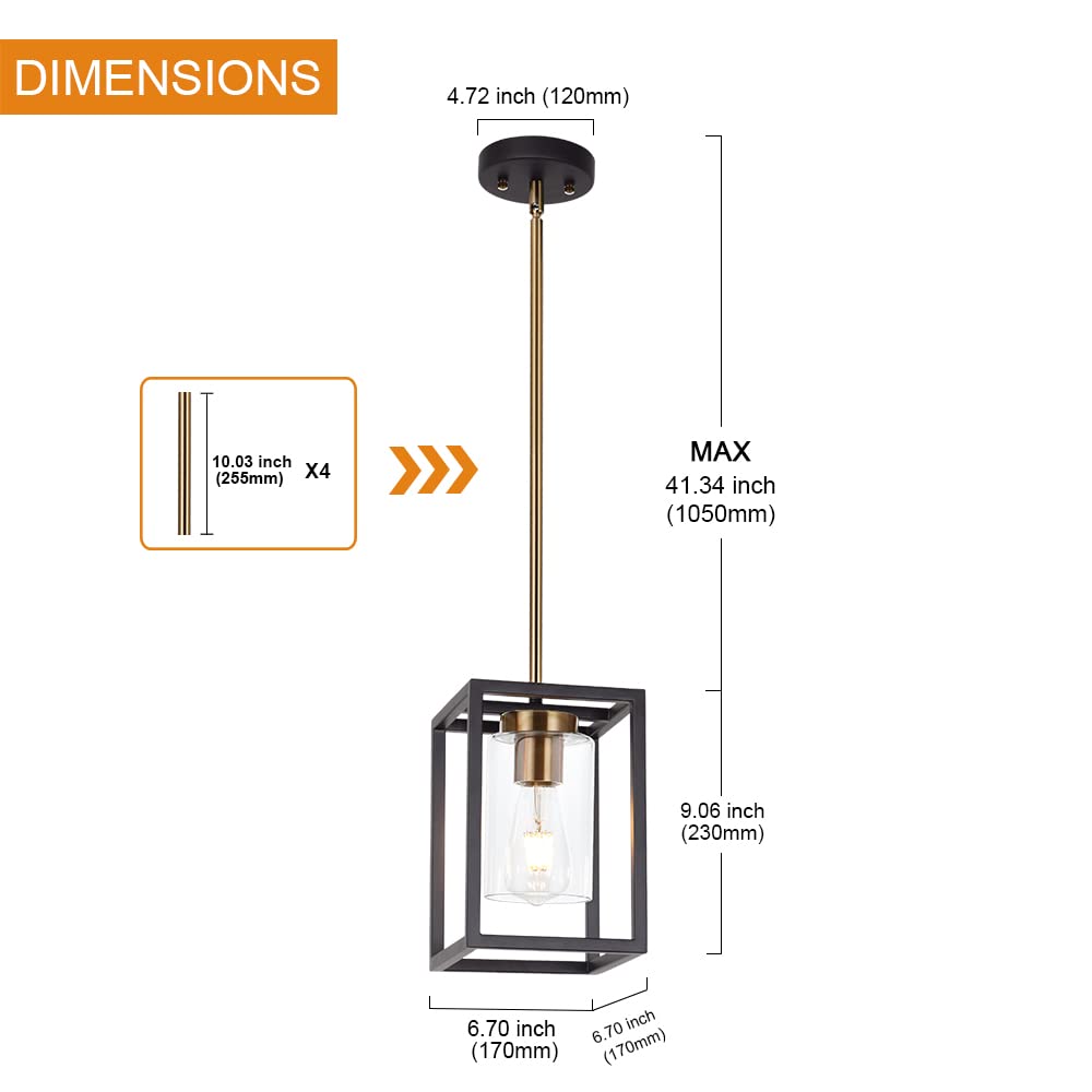 Vinluz 1-Light Mini Lantern Pendant Light,Black And Brushed Brass Finish Farmhouse Chandelier With Clear Glass Shade Foyer Cage
