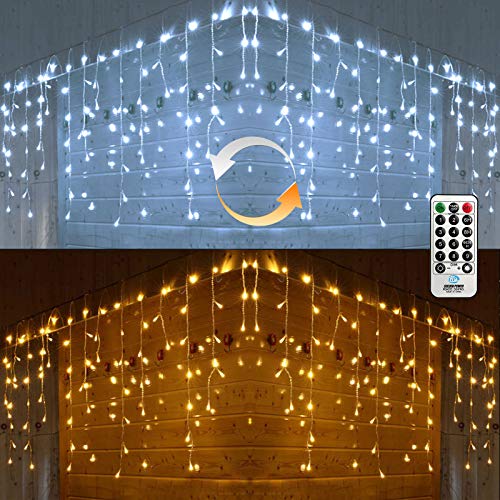 Icicle Christmas Lights, 2 in 1 White & Warm White Color Changing Icicle Lights with Remote, 360 LED 29.5ft Window Fairy Lights 